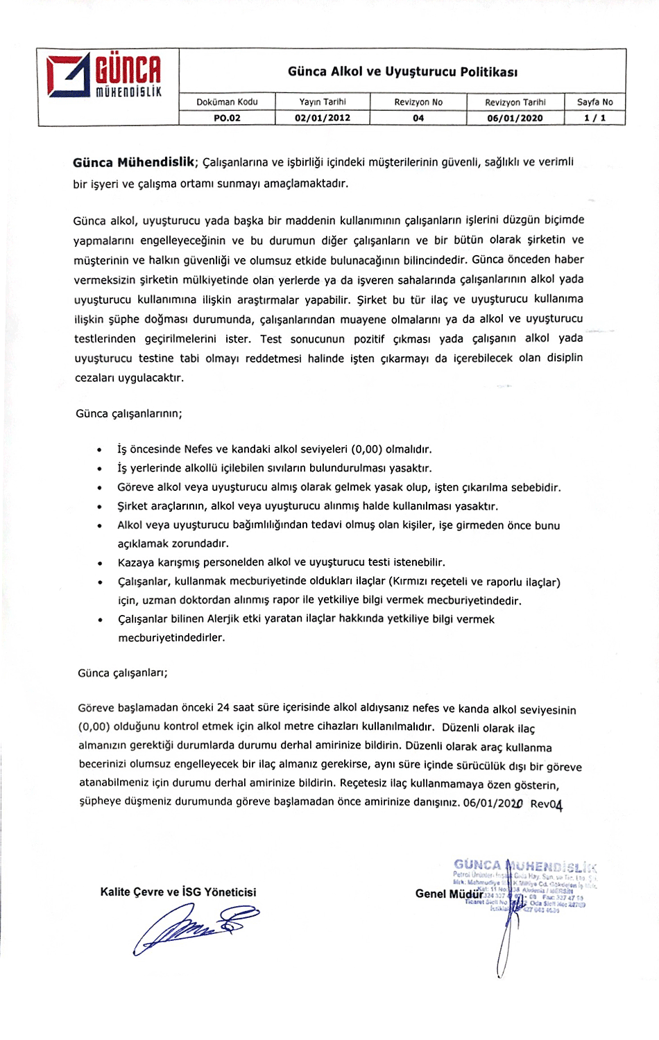 Alkol ve Uyuşturucu Politika Belgesi