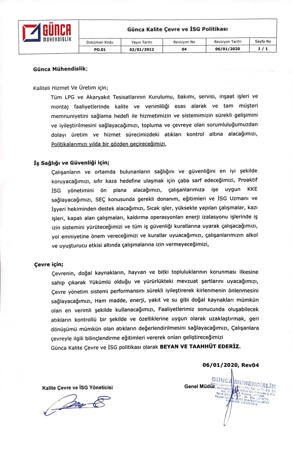 Günca Kalite Çevre İSG Belgesi